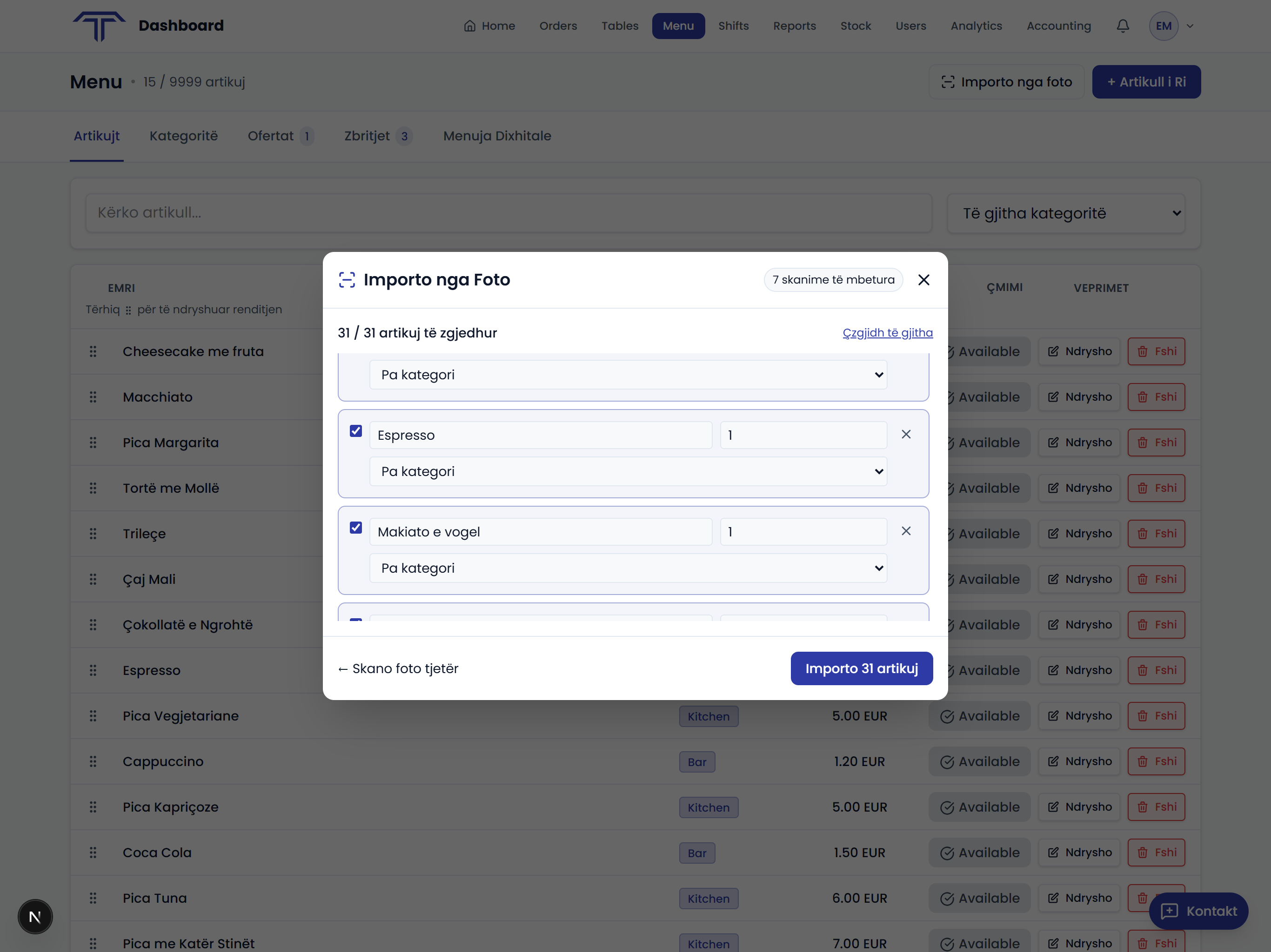 Rezultati i skanimit — lista e produkteve të nxjerra nga AI